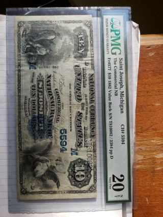 1882 $10 Commercial Nat.  Bank of St.  Joseph MI Rare Value Back VF Michigan Nat. 3