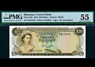 【very Rare 】bahamas 1974 20 Dollars P - 39a Pmg55 Au Queen Note