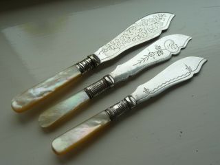 3 X Antique Vintage Silver Plated Butter Knives With Mother Of Pearl Handles