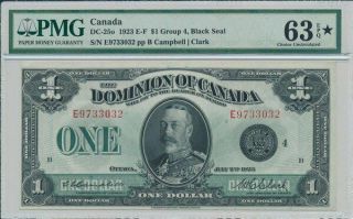 Dominion Of Canada $1 1923 Black Seal.  Star In Designation.  Rare Pmg 63epq