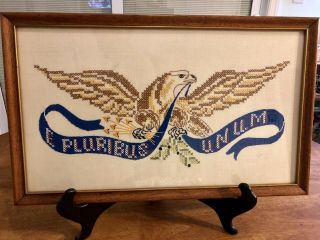 Early Antique Needlepoint " E Pluribus Unum " Framed Patriotic Eagle Americana Usa