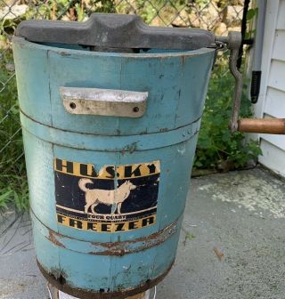 Vintage Antique Husky 4 Qt Hand Crank Ice Cream Freezer Old Blue Paint