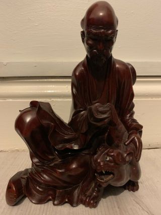 Antique Chinese Carved Wood Wiseman With Tiger On Stand 3