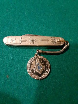Antique Silver Ornate Masonic Pocket Knife 2 3/4 " 2 Blade Usa Colonial Prov.  R.  I
