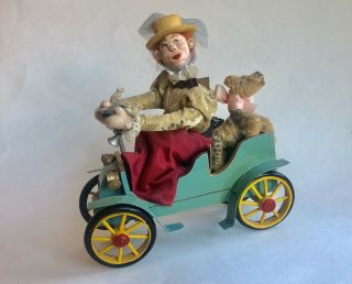 Klumpe Doll • Vintage Made In Spain • Lady & Dog Car • Felt
