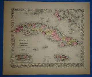 Vintage 1857 Cuba Map Old Hand Colored Colton Atlas