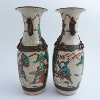 Pair Chinese Crackleware Warriors Famille Verte Baluster Vasess,  19th Century