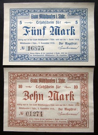 MÜhlhausen 1918 5,  10 Mark Rare Variant Complete Set Grossnotgeld German Notgeld
