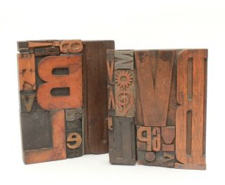 Vintage Bookends Made From Antique Wood Letterpress Printing Blocks Rustic Style