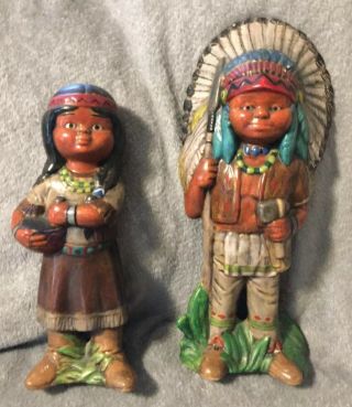 Antique Vintage Chalkware Native American Indian Boy Girl Children Set Of Two