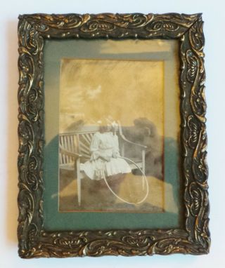 Antique Victorian Gesso Gilt Frame & Photograph Of Young Girl With Stick & Hoop