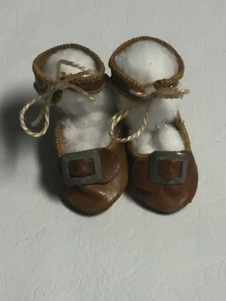 Antique Brown Leather Doll Shoes With Metal Buckles 2.  25” Long X 1” Wide