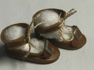 Antique Brown Leather Doll Shoes With Metal Buckles 2.  25” Long X 1” Wide 2