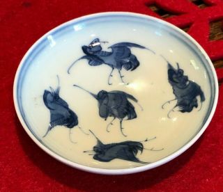 Lovely Antique Chinese Blue And White Small Sauce Dish - Crane Design