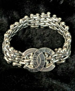 Authentic Chanel Motif Bracelet Chain Coco Mark Silver 98p Rare