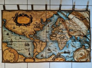 Vintage World Map Quilted Bound Fabric Wall Hanging 47 " X 28 " With 2.  5 " Loops