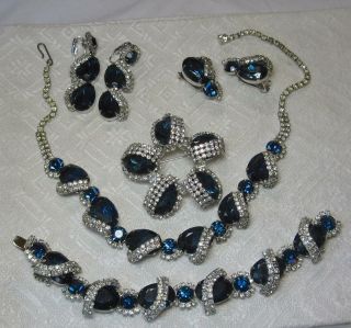 Hobe Signed Parure Sapphiret Rare Vintage Costume Jewelry Necklace Earrings