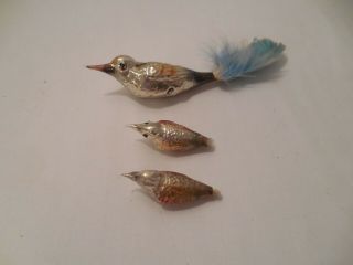 Antique Mercury Blown Glass 3 Bird Christmas Ornaments Real Feather Tail
