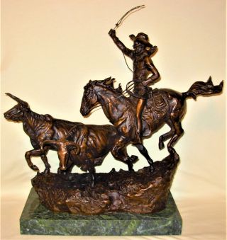 Rare Vintage Cm Russell Bronze Statue " The Round Up " On Green Marble Base Signed