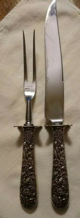 S Kirk & Son Sterling Silver Floral Repousse Carving Set 13 " Knife And 11 " Fork