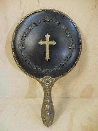 Antique Brass Repousse Hand Mirror With " Cross 
