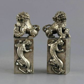 Collect Old Tibet Silver Hand - Carved A Pair Moral Bring Lucky Lion Seal Statue