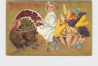 Antique Postcard Thanksgiving Greetings Girl White Dress Turkey Cart With Food