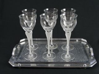 Fine Frosted Glass Wine Set Of 6 On Retro Mirrored Art Deco Tray