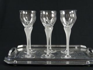 Fine Frosted Glass wine Set of 6 on Retro Mirrored Art Deco Tray 2