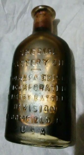 Antique Thomas A Edison Battery Oil Glass Bottle Bloomfield Nj With Cork & Oil