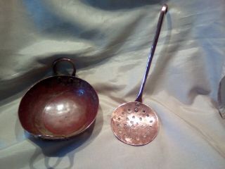 Vintage/antique? Rustic Hammered Copper Dish & Hand - Made Skimming Spoon