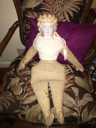 Antique German Porcelain China Head Doll With Fabric Body - Shoulder Broken