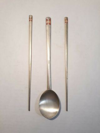 Vintage Korean Ag700.  700 Silver Chopsticks & Spoon Orange Enamel Flower
