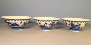 3 X Vintage Chinese Blue And White Porcelain Rice Bowls With Playing Children