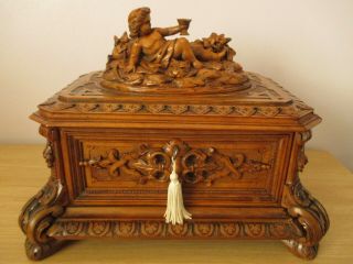 Rare Antique Large Black Forest Jakob Abplanalp Jewelry Box Swiss Wood Carving