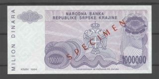 Croatia Knin 1,  000,  000 Dinara 1994 P R33s Unc Specimen Without Serial - Rare