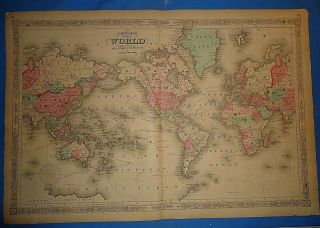 Vintage 1865 World Map Old Antique Johnson Atlas 20419