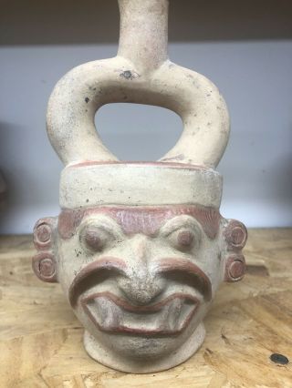 Rare Pre Columbian Moche Human Effigy Pottery Stirrup Water Bottle Mexico Peru