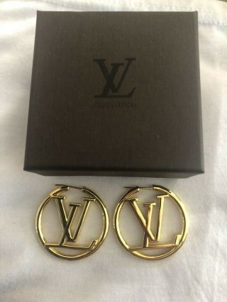 Louis Vuitton Rare Gold Logo Lv Hoop Earrings Authentic