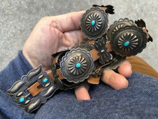 Rare Petite Old Pawn Navajo Southwestern Sterling Silver & Turquoise Concho Belt