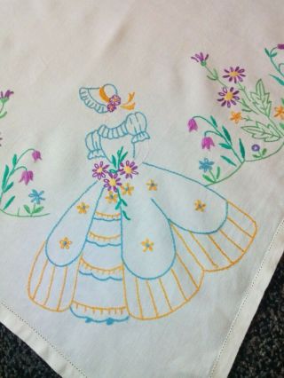 Vintage Linen Tablecloth Hand Embroidered With Crinoline Ladies