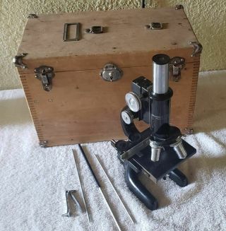 Antique Vintage 1915 Bausch & Lomb Microscope Dove Tail Wooden Case 227670