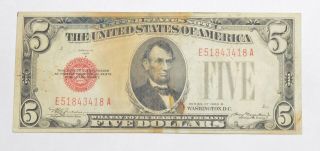 Uncommon 1928 - B $5.  00 Red Seal Us Note - Rare Note 539