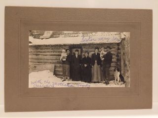 Antique Photo Cabinet Card Of 2 Families And A Dog In Front Of A Log Cabin 1800s