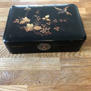 Antique Victorian Papier - Mâché Box Black With Gilt Painting Foilage/birds 1800’s