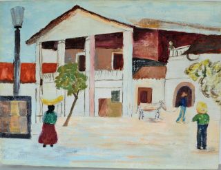 Vintage Latin American Oil Painting,  Rural Town Street Scene 18 " X 24 ",  Unsigned
