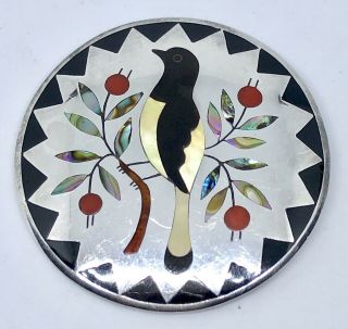 Rare Native American Zuni Silver Bird Brooch Pin Signed Dennis Edaakie