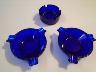 Set Of 3 Vintage Art Deco Cobalt Blue Ash Trays