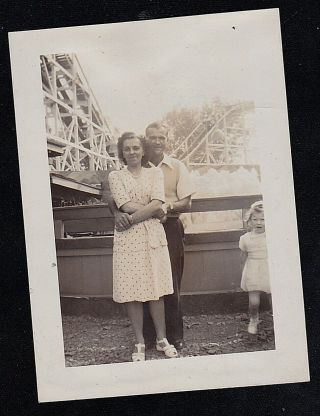 Antique Vintage Photograph Man Hugging Woman In Front Of Roller Coaster