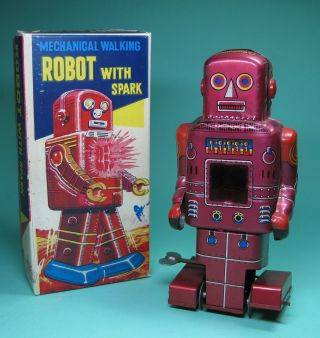 Sy Robot With Spark Yoneya Rare Red Version Space Toy Made In Japan 60s